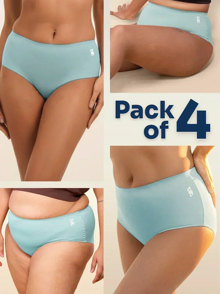 four-panel collage of blue underwear with a Pack of 4 text overlay on a beige background
