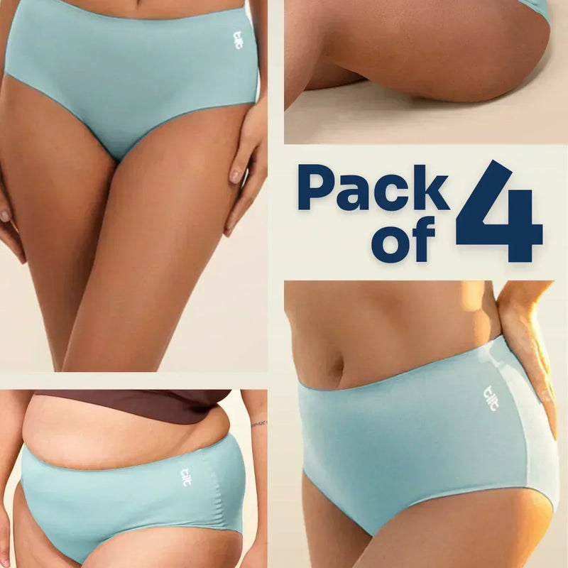 four-panel collage of blue underwear with a Pack of 4 text overlay on a beige background