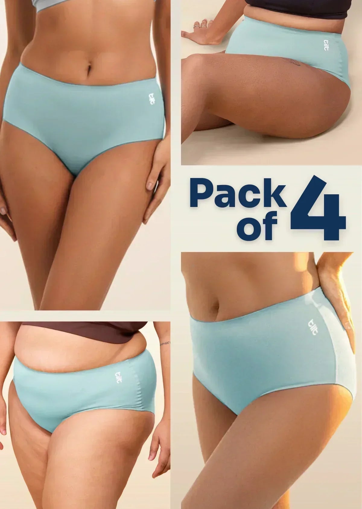 four-panel collage of blue underwear with a Pack of 4 text overlay on a beige background