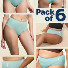 Collage of  blue underwear with a 'Pack of 6' text overlay on a beige background