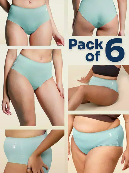 Collage of  blue underwear with a 'Pack of 6' text overlay on a beige background