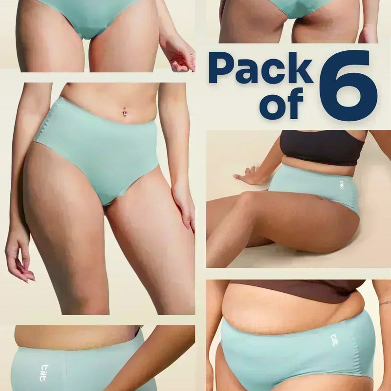Collage of  blue underwear with a 'Pack of 6' text overlay on a beige background