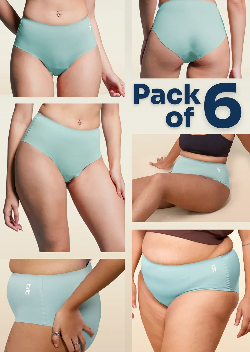 Collage of  blue underwear with a 'Pack of 6' text overlay on a beige background
