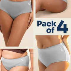 four-panel collage of grey underwear with a Pack of 4 text overlay on a beige background