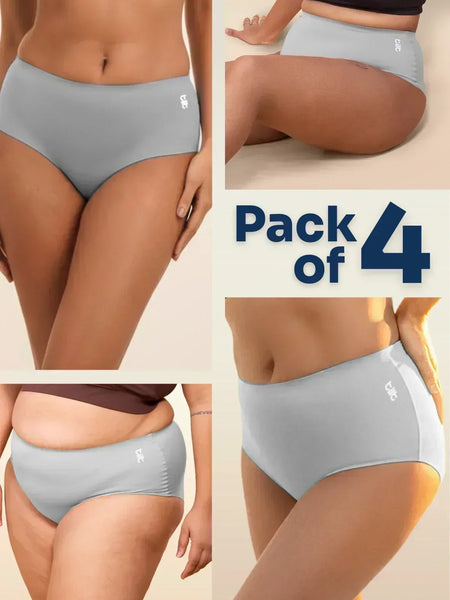 four-panel collage of grey underwear with a Pack of 4 text overlay on a beige background