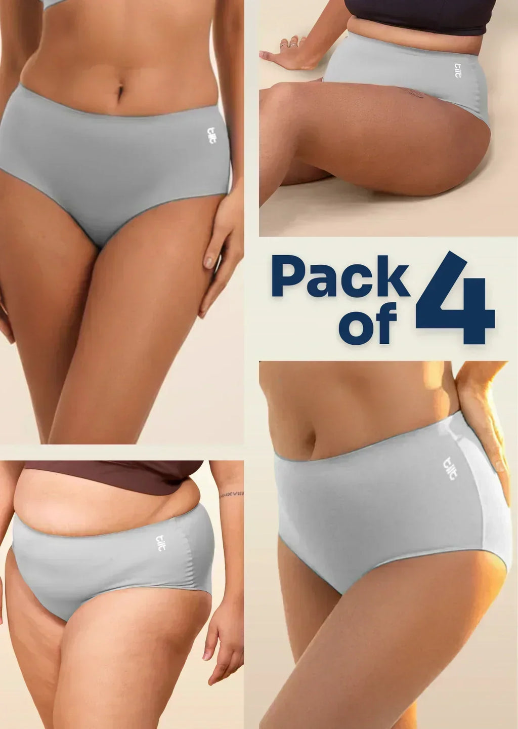 four-panel collage of grey underwear with a Pack of 4 text overlay on a beige background