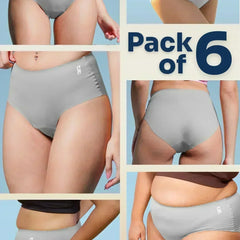Multi-panel collage of diverse body types wearing grey high-waist briefs with a 