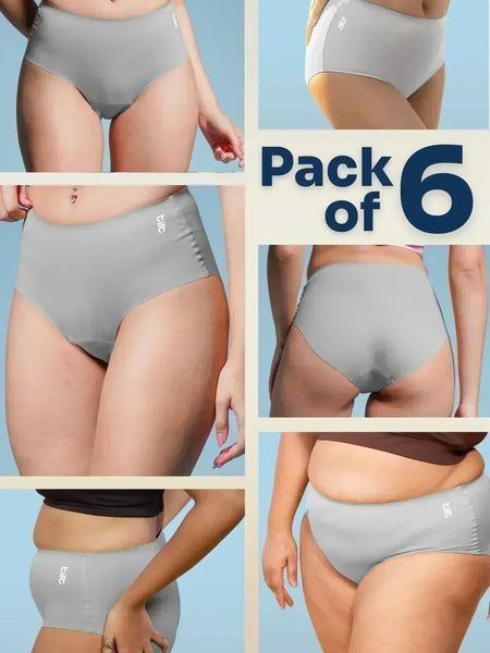 Multi-panel collage of diverse body types wearing grey high-waist briefs with a 