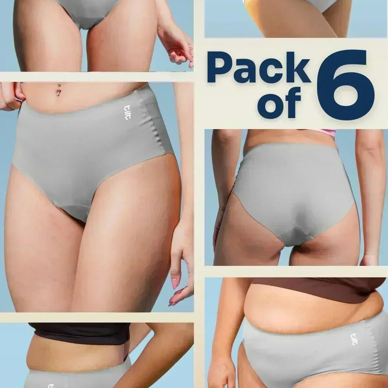 Multi-panel collage of diverse body types wearing grey high-waist briefs with a 