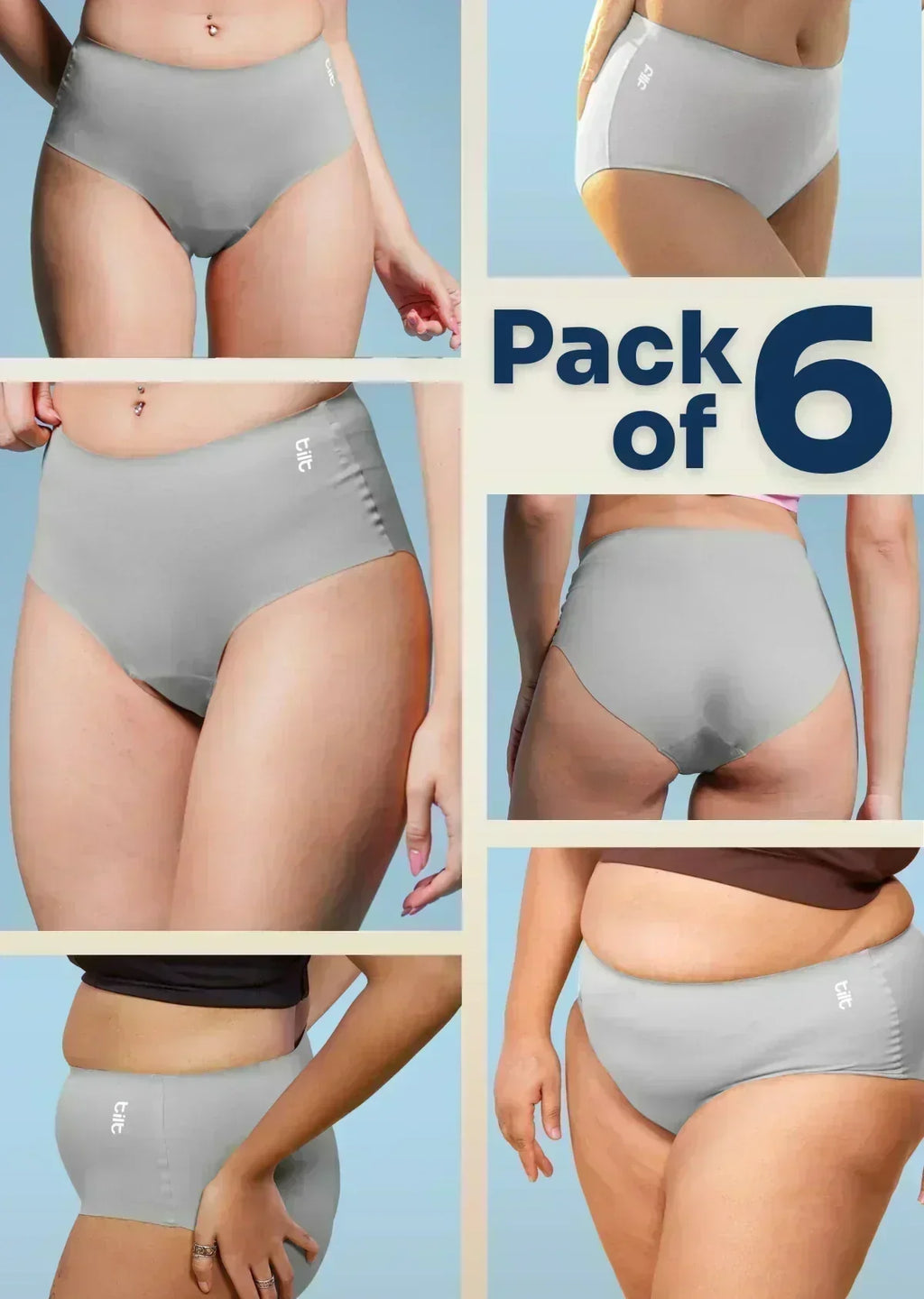 Multi-panel collage of diverse body types wearing grey high-waist briefs with a "Pack of 6" text overlay.