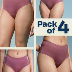 four-panel collage of pink underwear with a Pack of 4 text overlay on a blue background