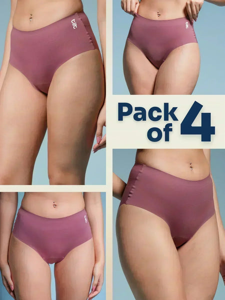four-panel collage of pink underwear with a Pack of 4 text overlay on a blue background