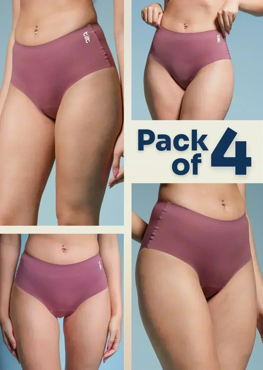 four-panel collage of pink underwear with a Pack of 4 text overlay on a blue background