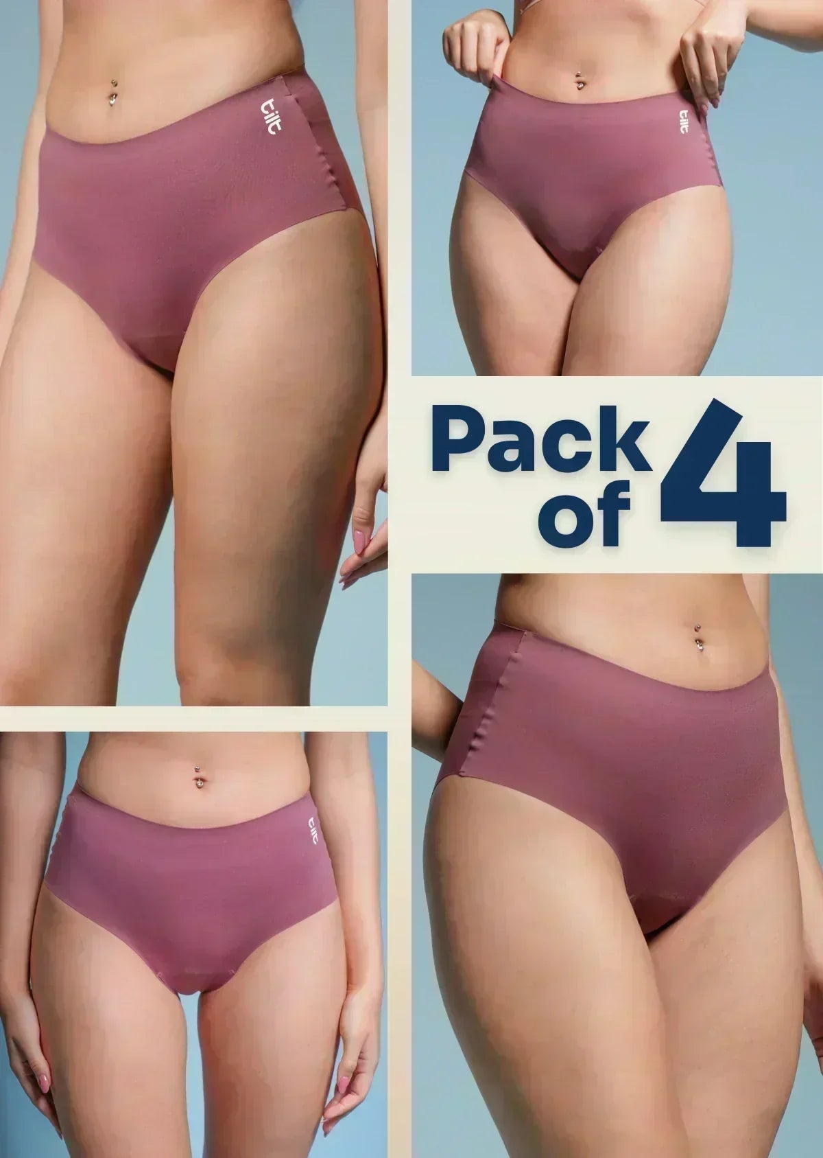 four-panel collage of pink underwear with a Pack of 4 text overlay on a blue background