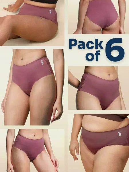 Collage of pink underwear with 'Pack of 6' text on a beige background