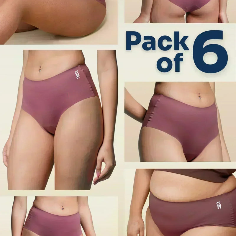 Collage of pink underwear with 'Pack of 6' text on a beige background