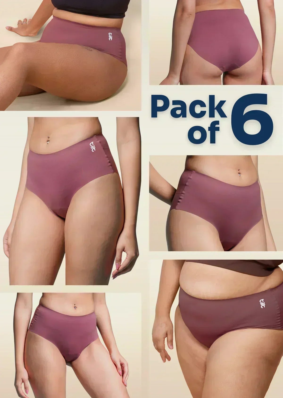 Collage of pink underwear with 'Pack of 6' text on a beige background