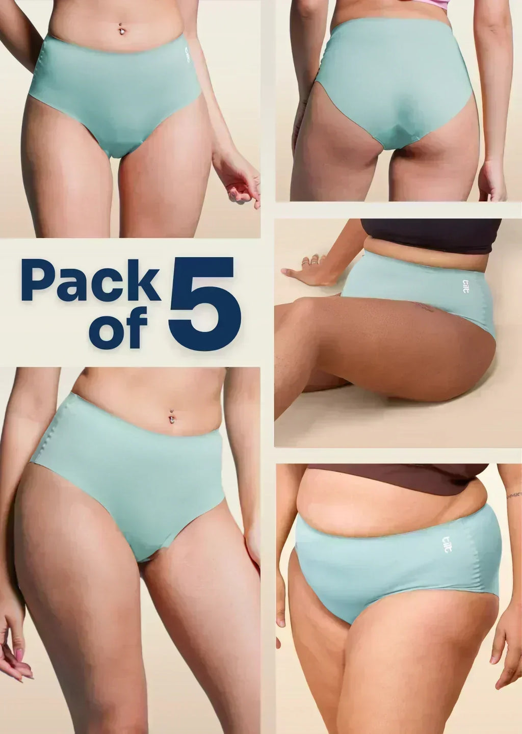 Collage of blue underwear with 'Pack of 5' text on a beige background