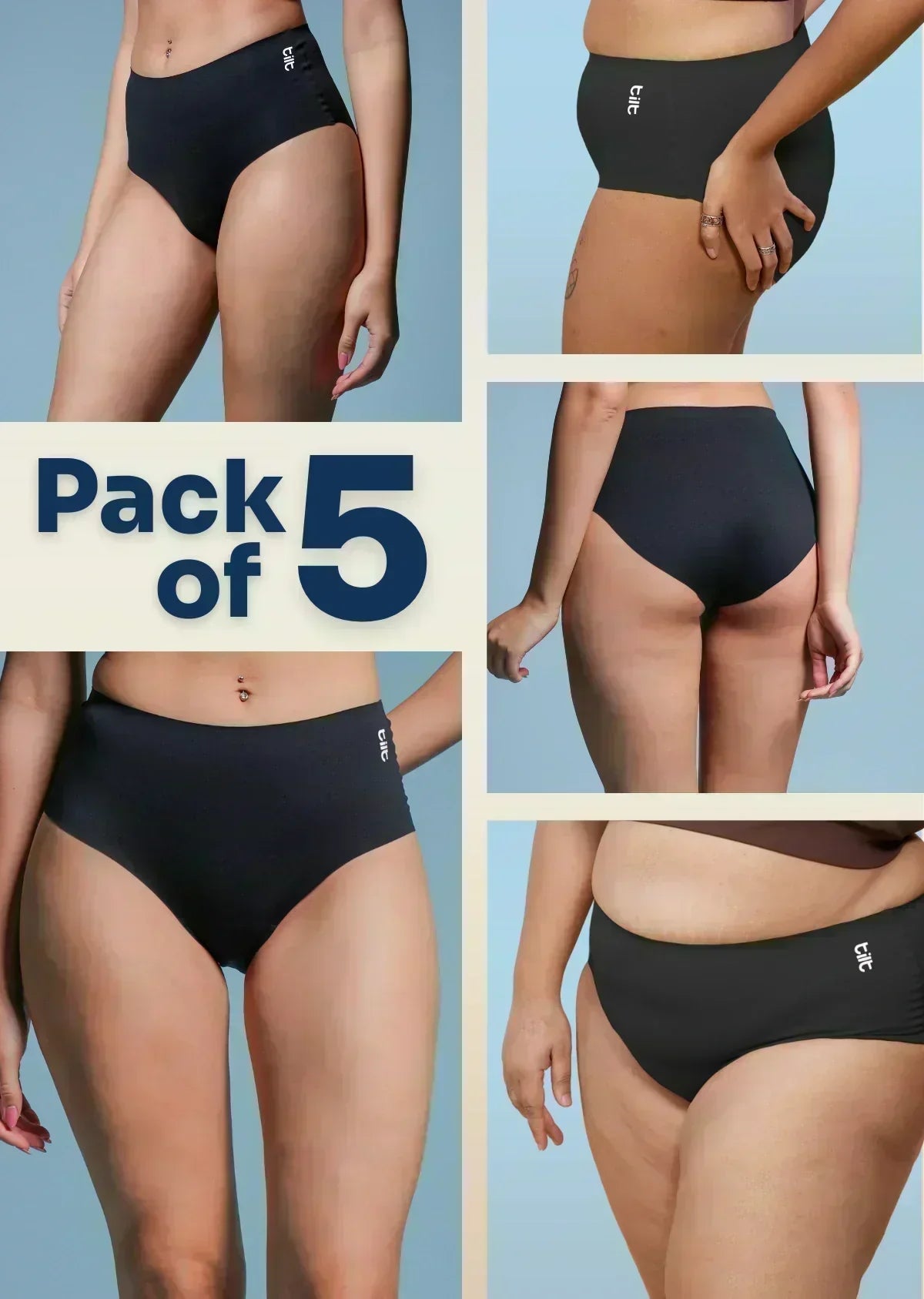 5 Pack - Black High-waist Seamless Underwear