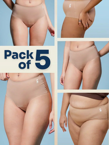 A multi-panel collage of various people wearing beige briefs with a 