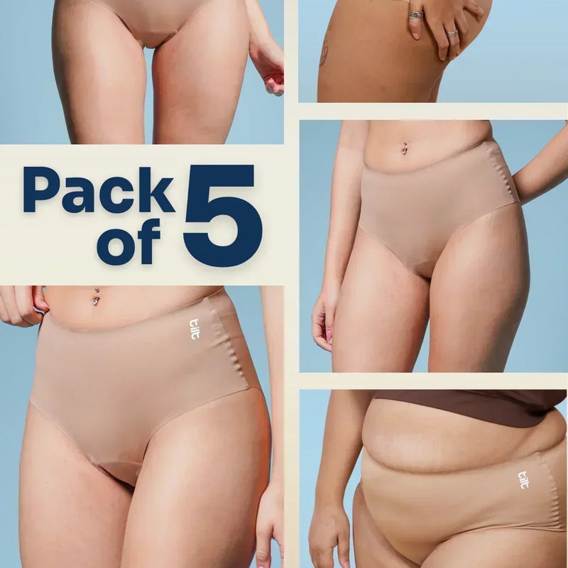 A multi-panel collage of various people wearing beige briefs with a 