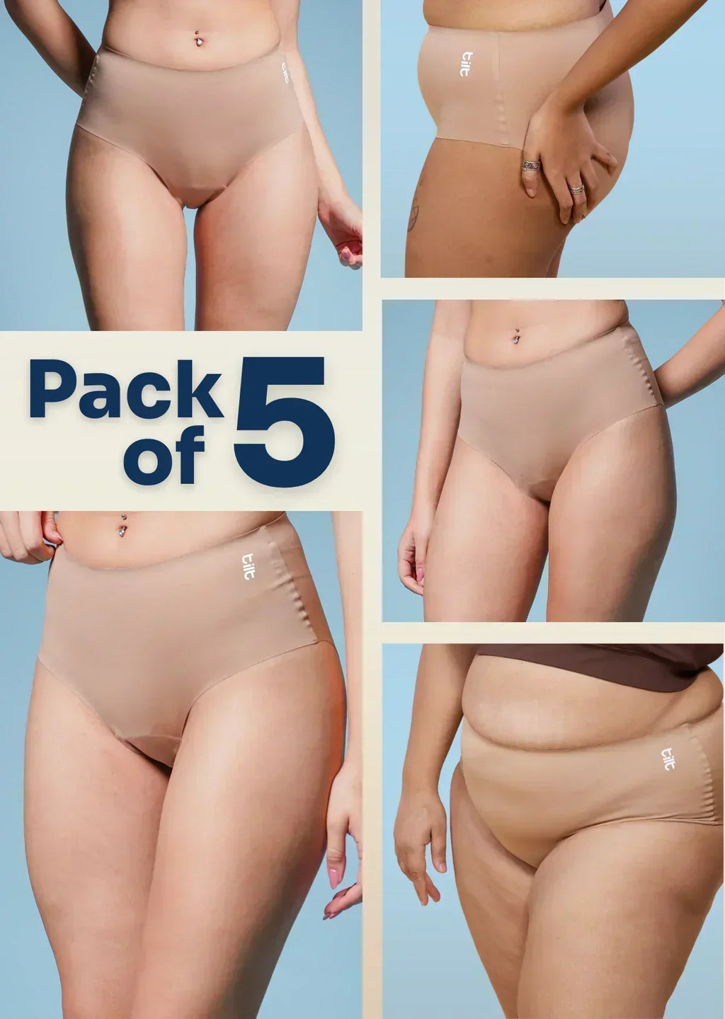 A multi-panel collage of various people wearing beige briefs with a "Pack of 5" text overlay.