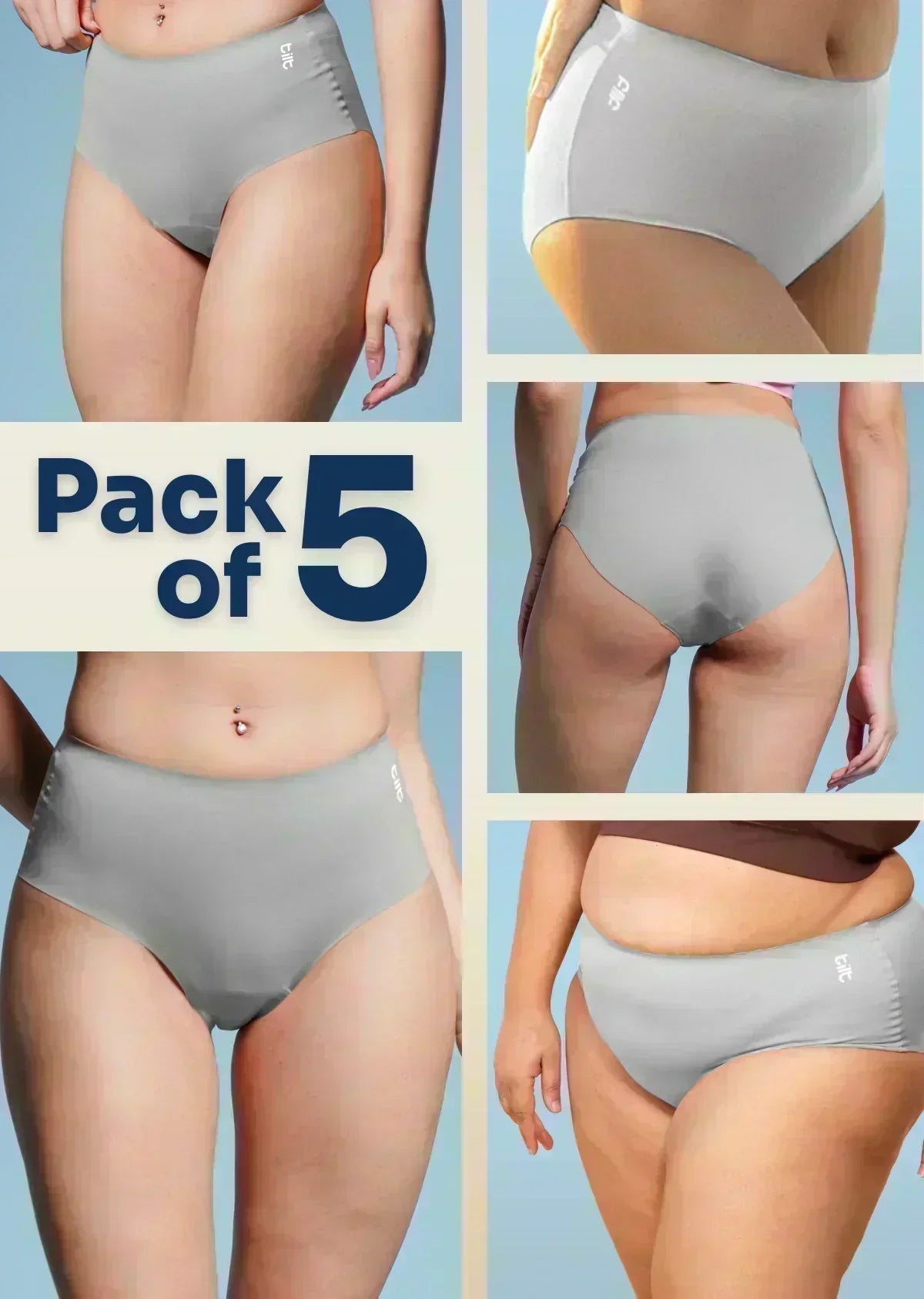 Multi-panel collage of diverse body types wearing grey mid-waist briefs with a "Pack of 5" text overlay