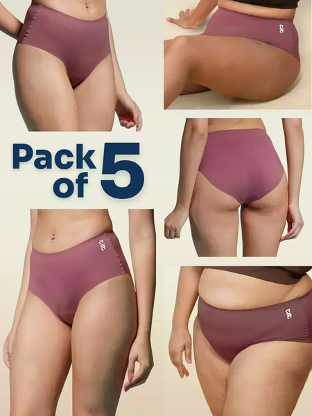 Collage of pink underwear with 'Pack of 5' text on a beige background