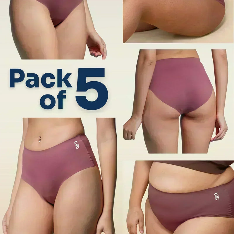 Collage of pink underwear with 'Pack of 5' text on a beige background