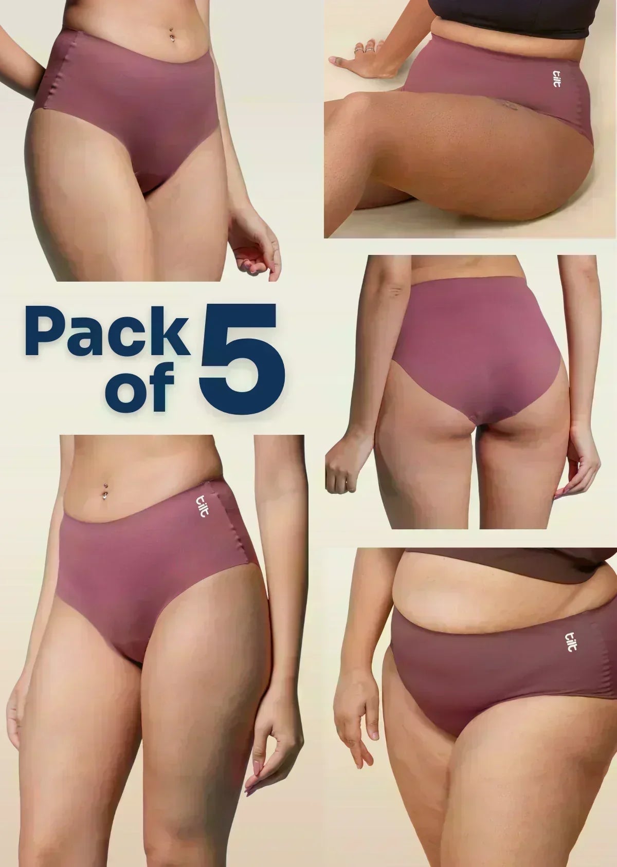 Collage of pink underwear with 'Pack of 5' text on a beige background