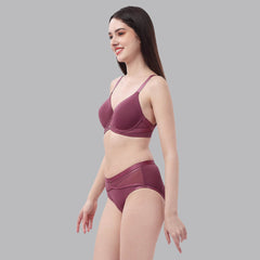 SOIE Woman - Full Coverage Padded Wired T-shirt Bra And High Rise Full Coverage Panty with Mesh Detailing - -for Women