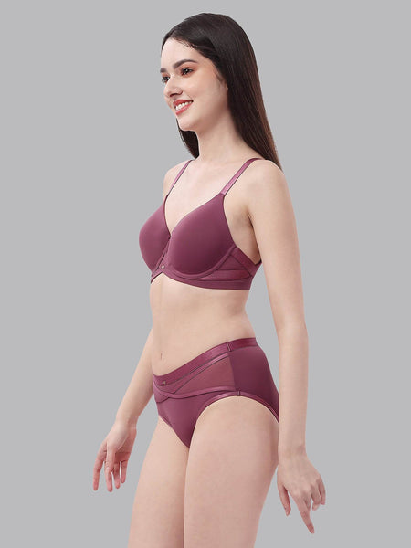 SOIE Woman - Full Coverage Padded Wired T-shirt Bra And High Rise Full Coverage Panty with Mesh Detailing - -for Women