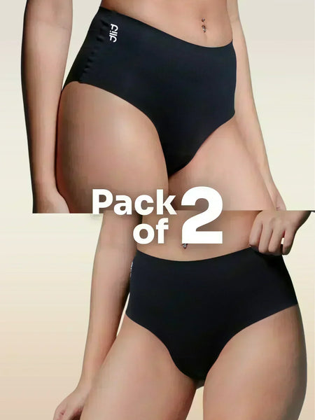 two-panel collage showing black mid-waist Underwear with a 