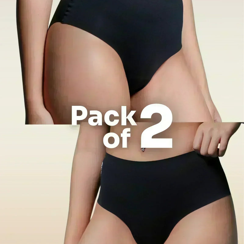two-panel collage showing black mid-waist Underwear with a 