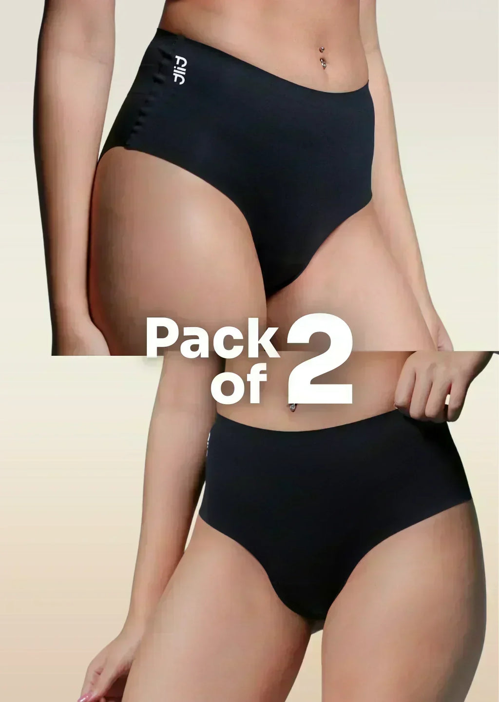 two-panel collage showing black mid-waist Underwear with a "Pack of 2" text overlay.