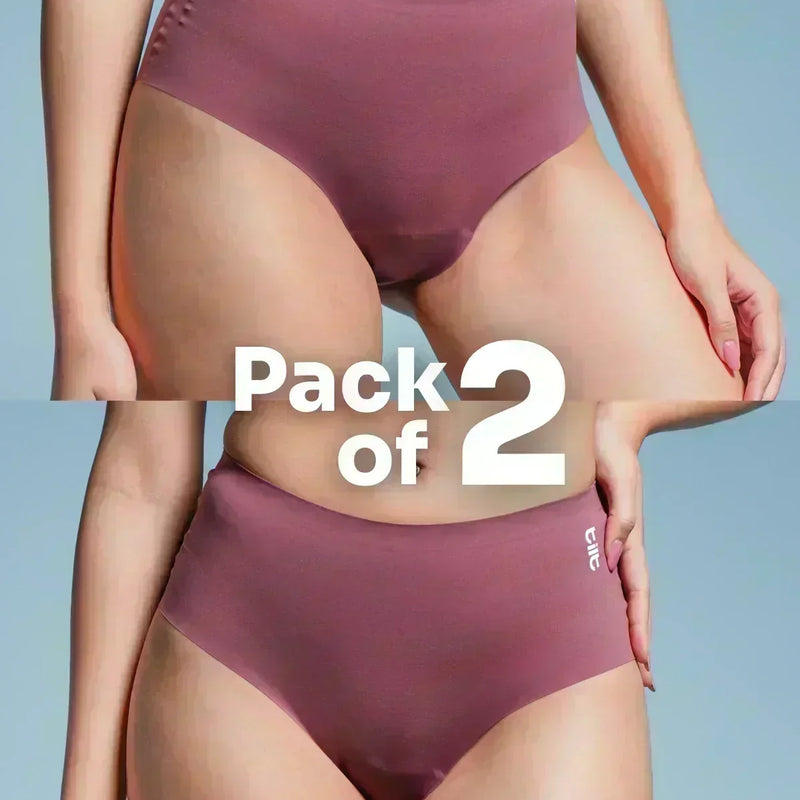 two-panel collage showing pink mid-waist Underwear with a 