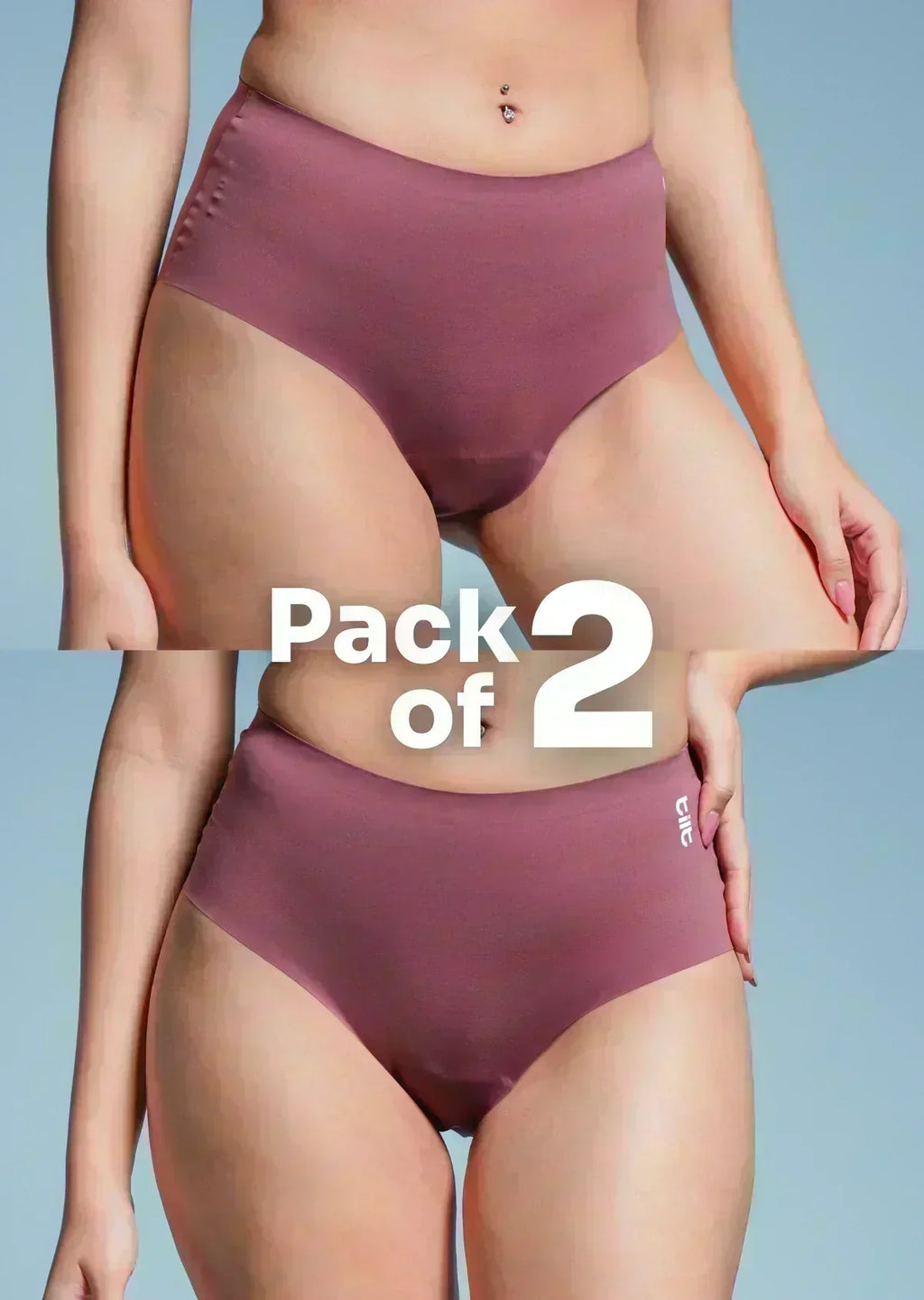 two-panel collage showing pink mid-waist Underwear with a "Pack of 2" text overlay.