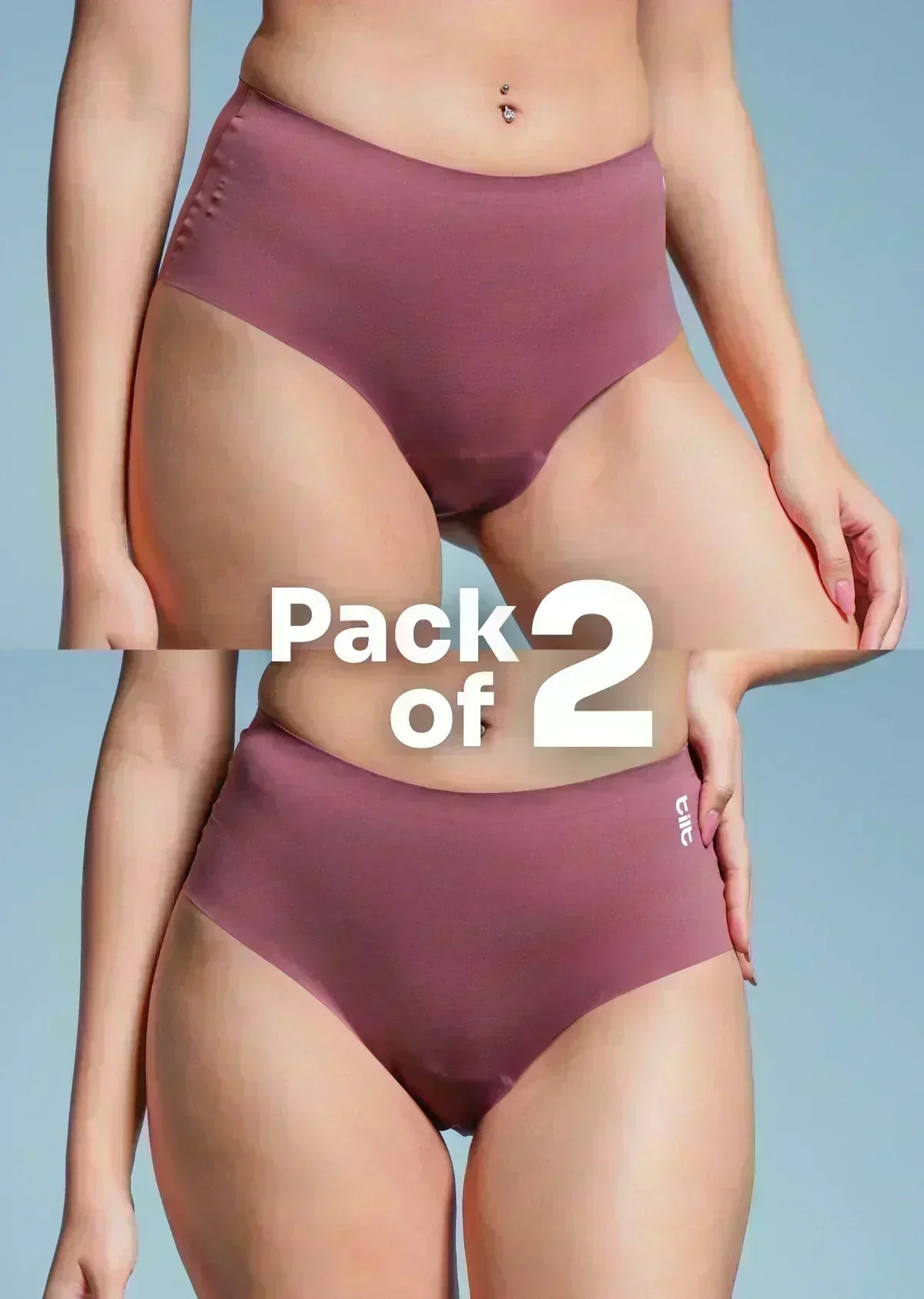 two-panel collage showing pink mid-waist Underwear with a "Pack of 2" text overlay.