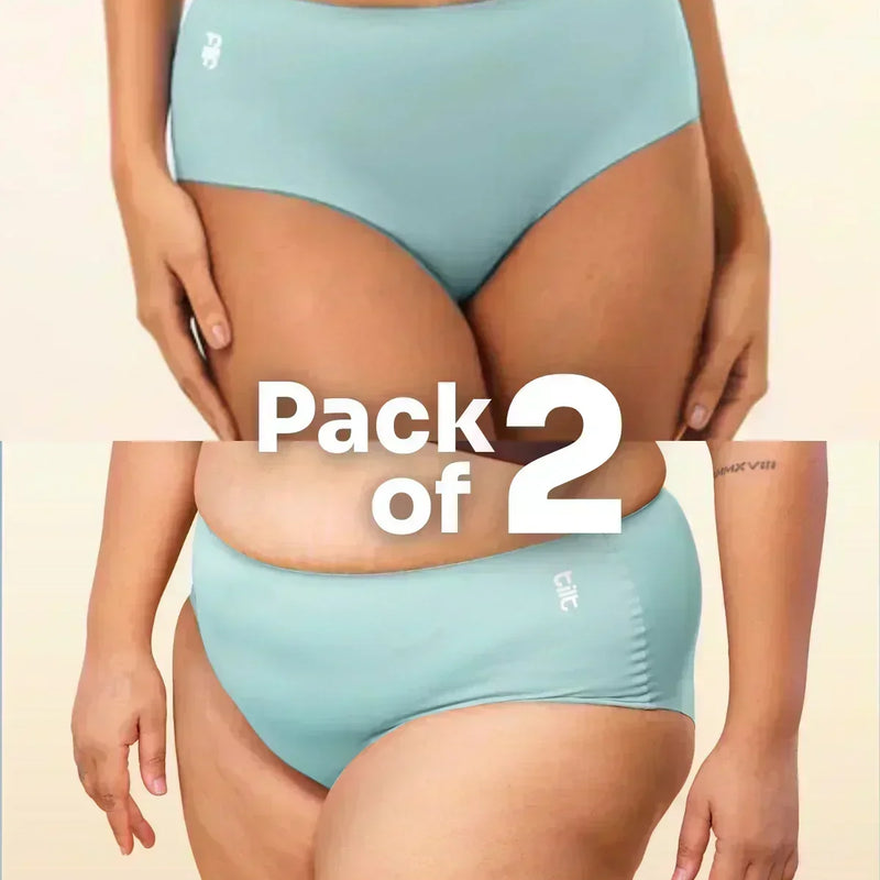 two-panel collage showing blue mid-waist Underwear with a 