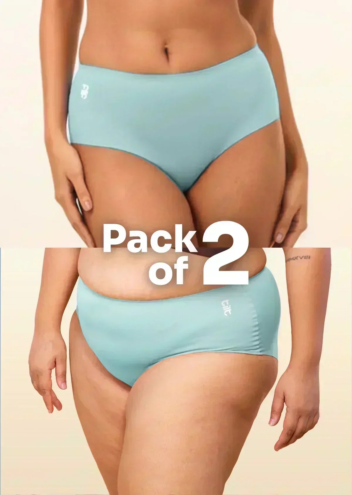 two-panel collage showing blue mid-waist Underwear with a "Pack of 2" text overlay.