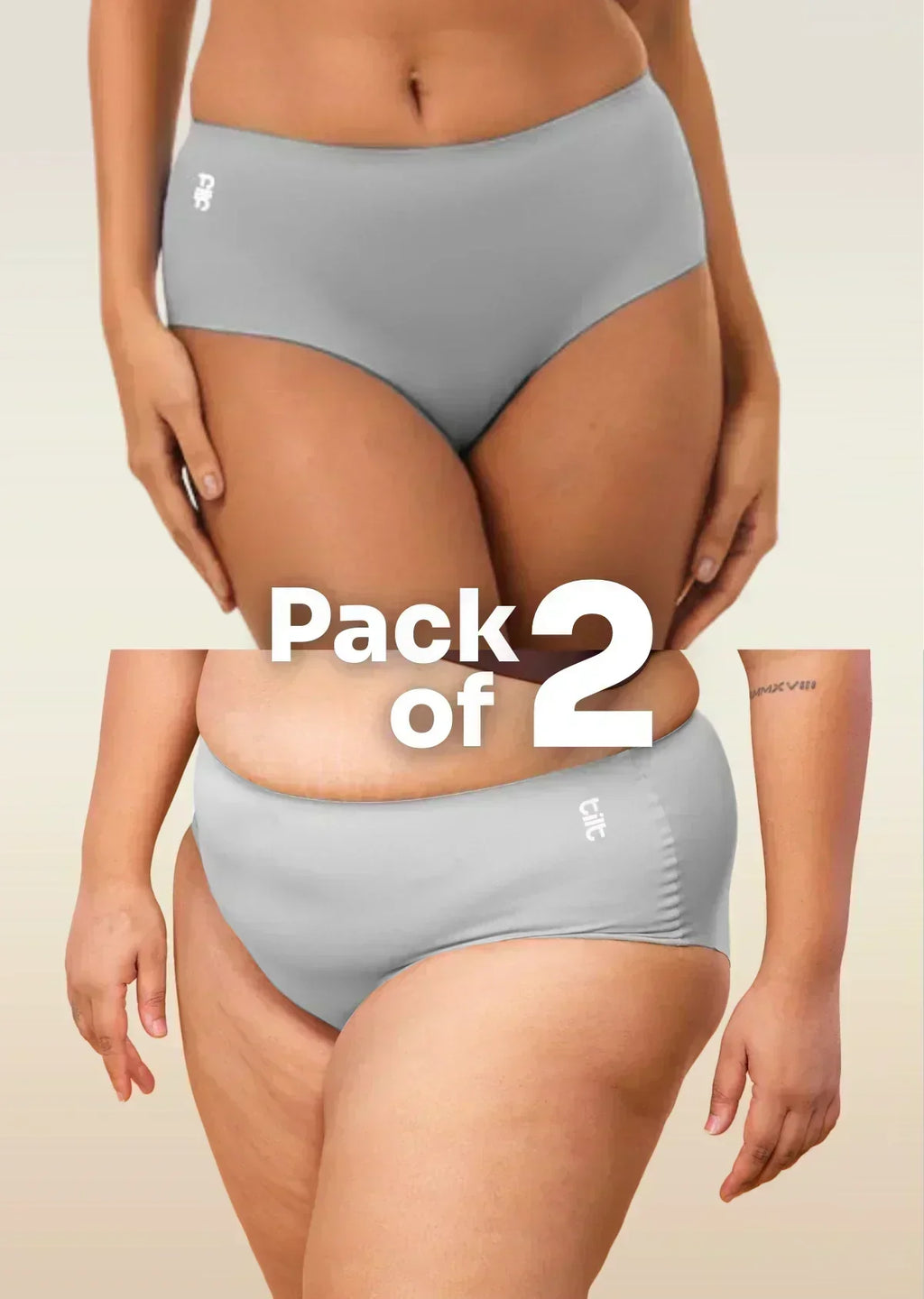 two-panel collage showing grey mid-waist Underwear with a "Pack of 2" text overlay.