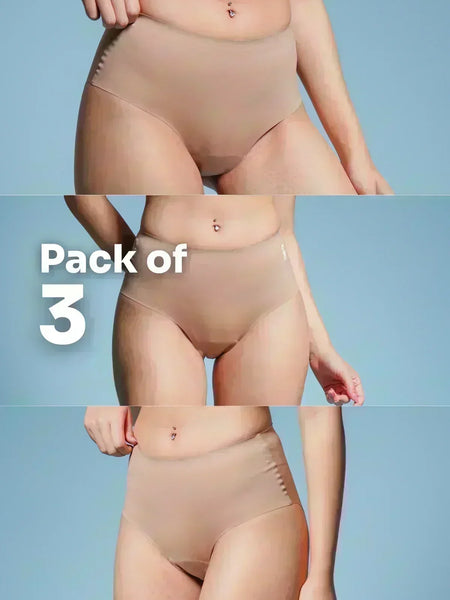 Three-panel collage showing various body types in beige briefs, with text overlay reading 
