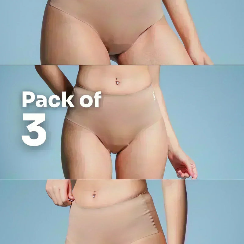 Three-panel collage showing various body types in beige briefs, with text overlay reading 