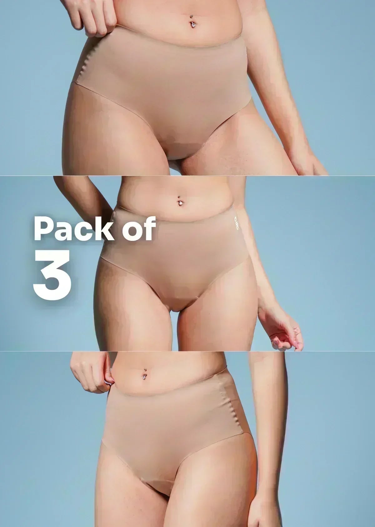 Three-panel collage showing various body types in beige briefs, with text overlay reading "Pack of 3"