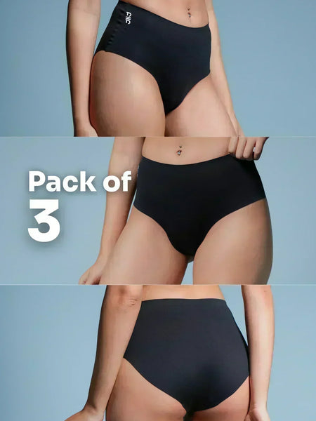 Vertical three-panel collage of different people wearing black briefs with a large white 