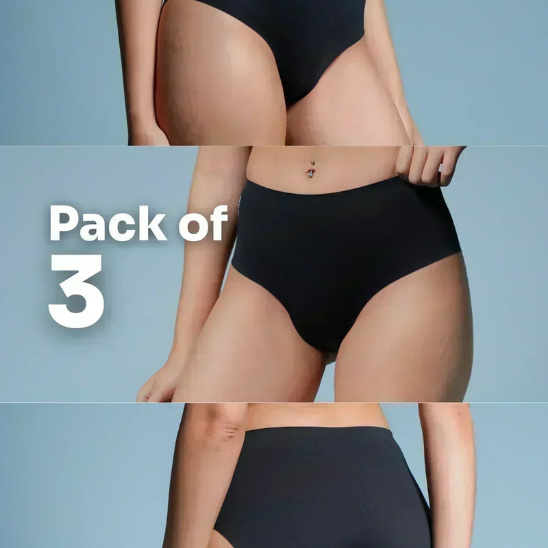 Vertical three-panel collage of different people wearing black briefs with a large white 