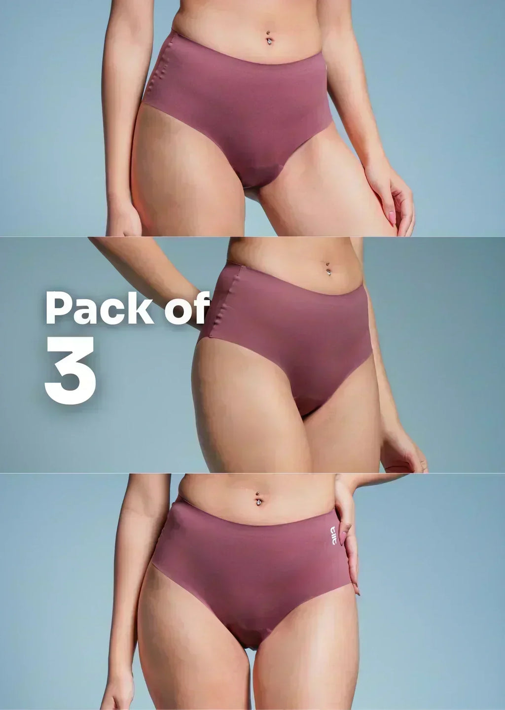 Three-pack of pink underwear on a plain background