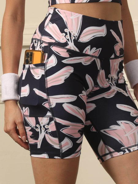 SOIE Woman - High Waist Knee Length Printed Sports Shorts With Pocket - Athleisure Shorts -for Women