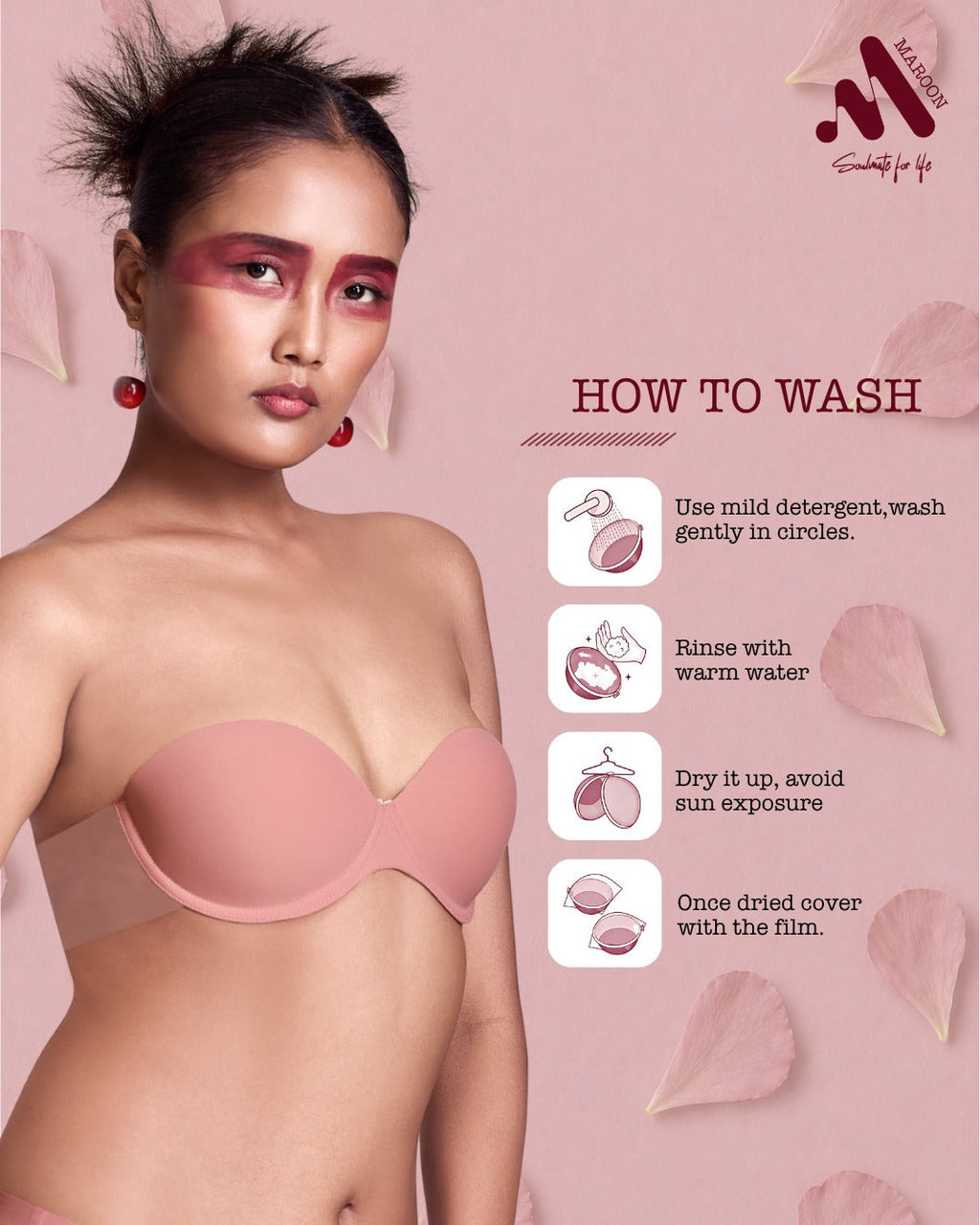 MAROON Strapless Seamless Silicone Invisible Bra Breast Lifting Dress Half Coverage Nylon Lightly Padded Transparent Back Underwire Party wear Stick-on Bra