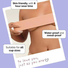 Product packaging with text about skin friendliness, wear time, waterproofness, sweat-proofness, and suitability for all cup sizes on a purple background.
